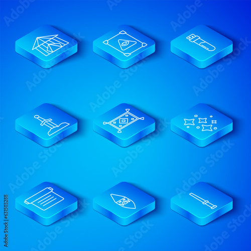 Set line Ancient magic book, Magic carpet, Wizard warlock, Sparkle stars with, Bottle potion, Sword in the stone, Circus tent and wand icon. Vector