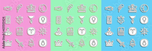 Set line Mars, Sun, Venus, Bottle with potion, Christian cross, Tarot cards, Snake and Necklace crystal icon. Vector