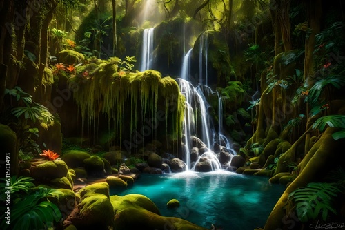 In the heart of a tropical rainforest on an island, a hidden waterfall cascades down a moss-covered cliff