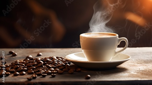 Aromatic Coffee Cup on Vintage Wooden Surface with Coffee Beans