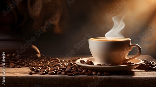 Aromatic Coffee Cup on Vintage Wooden Surface with Coffee Beans