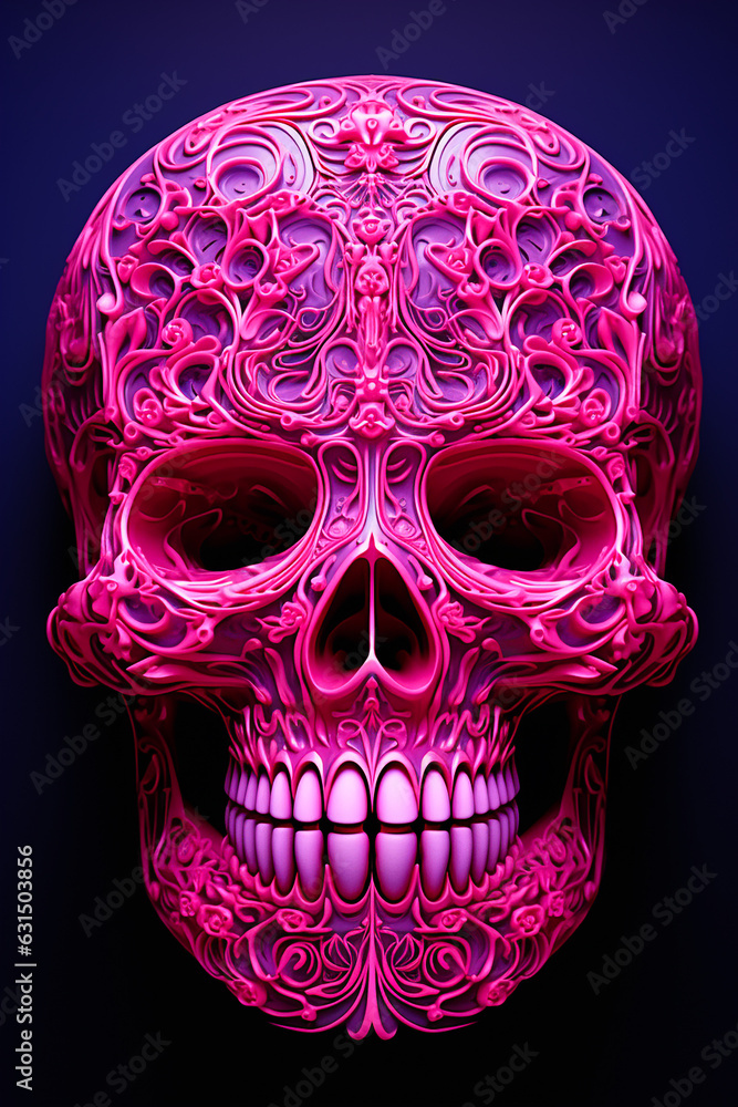 Fototapeta premium Calavera representation in bright pink shade with ornaments and white teeth