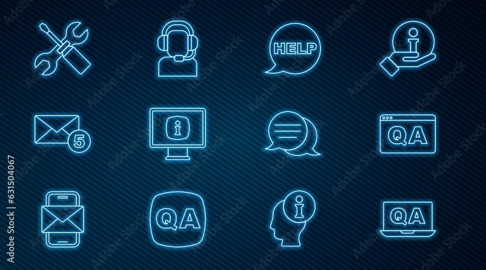 Set line Question and Answer, Speech bubble with text Help, Monitor information, New, email incoming message, Screwdriver wrench spanner, chat and Man headset icon. Vector Set line Question and Answer, Speech bubble with text Help, Monitor information, New, email incoming message, Screwdriver wrench spanner, chat and Man headset icon. Vector
