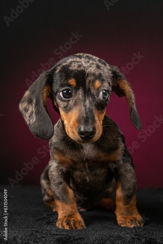 Adorable dachshund isolated on a dark brown background