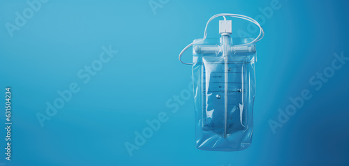IV infusion saline bag with liquid inside isolated on flat blue background with copy space  minimal medical banner template. 3d render illustration style. 