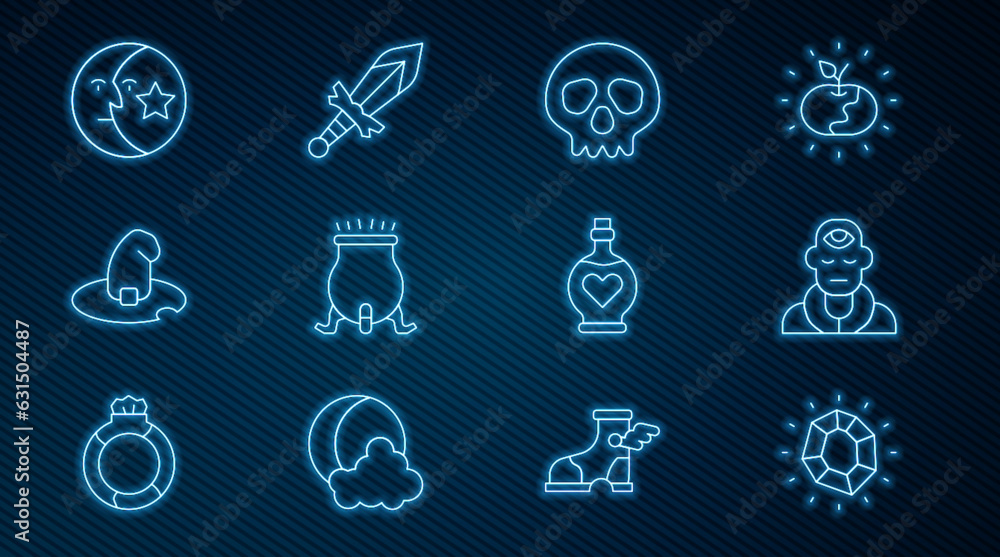 Set line Magic stone, Wizard warlock, Skull, Witch cauldron, hat, Moon and stars, Bottle with love potion and Medieval sword icon. Vector Set line Magic stone, Wizard warlock, Skull, Witch cauldron, hat, Moon and stars, Bottle with love potion and Medieval sword icon. Vector