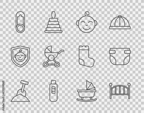Set line Sandbox with sand and shovel, Baby crib cradle bed, Little boy head, Pregnancy test, clothes pin, stroller, and diaper icon. Vector