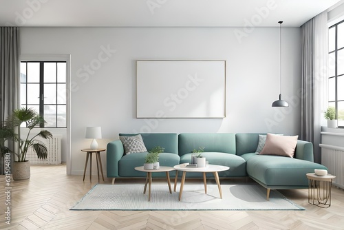 Mockup frame wall in interior background  room in light pastel colors.