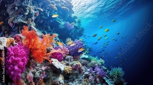 Ocean coral reef underwater. Sea world under water background. Beautiful view of sea life. Ecosystem. AI photography..