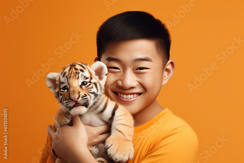 boy tiger owner on background
