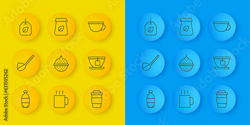 Set line Bottle of water, Spoon with sugar, Ball tea strainer, Cup, bag, Tea leaf, and packaging icon. Vector