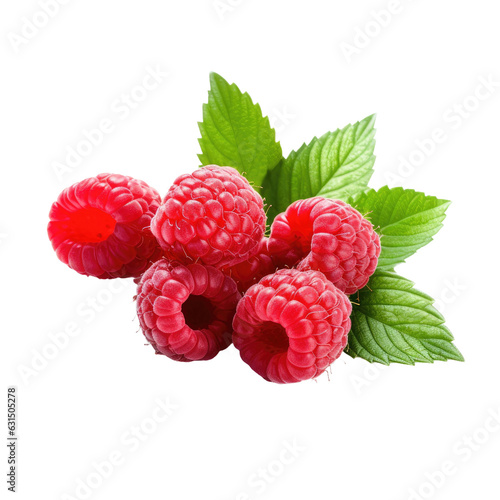 Raspberries with leaves isolated on white.