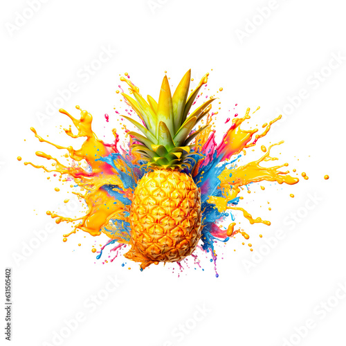 сolorful pineapple with splash of colors on a transparent background