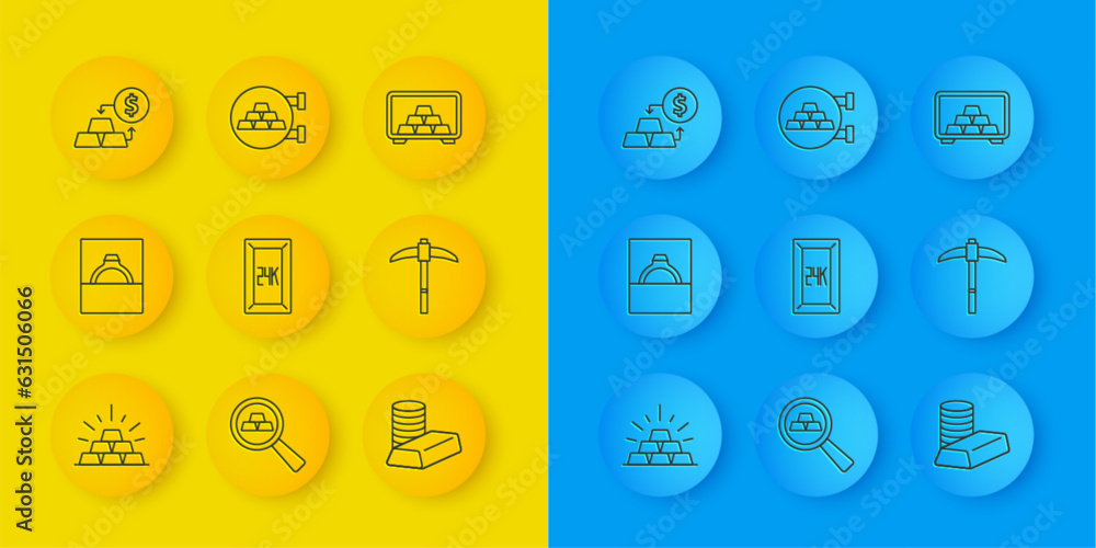 Set line Gold bars, Diamond engagement ring in box, 24k, coin with gold, Pickaxe, exchange money, Safe and Jewelry store icon. Vector Set line Gold bars, Diamond engagement ring in box, 24k, coin with gold, Pickaxe, exchange money, Safe and Jewelry store icon. Vector