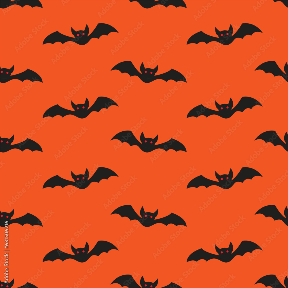 Halloween pattern with cute bats in the night sky for party decoration. Cute October night orange background.