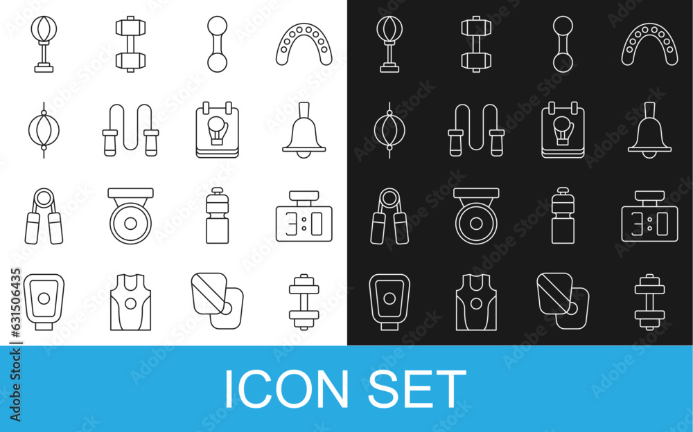 Set line Dumbbell, Sport mechanical scoreboard, Boxing, Jump rope, Punching bag, and glove icon. Vector