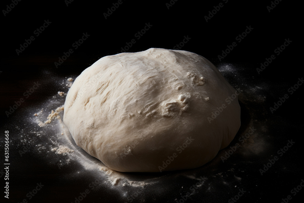 Raw dough and flour on black background