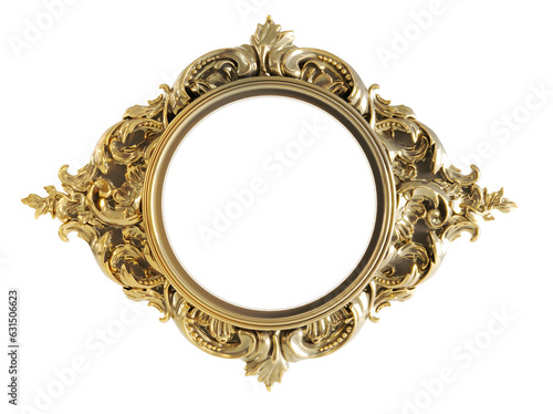 Golden baroque frame on transparent background. ornamental baroque picture frame, 3D render