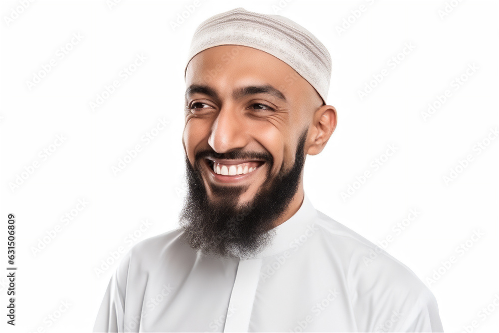 muslim mid adult man smiling on a white background muslim mid adult man smiling on a white background