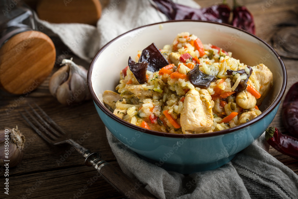 Risotto with chicken and vegetables.