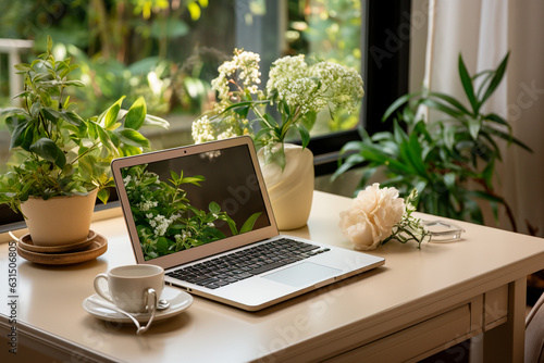laptop with blank screen, cup of coffee and bouquet of roses