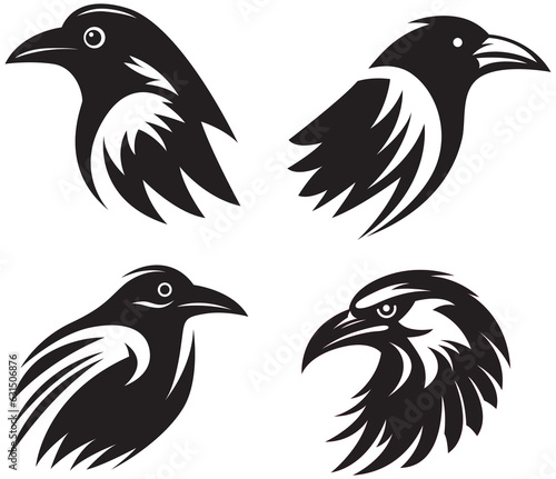 Heads of crow abstract character illustrations. Graphic logo of birds design template for emblem. Image of raven portraits. photo