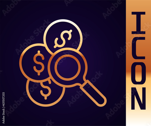 Gold line Search for money icon isolated on black background. Vector