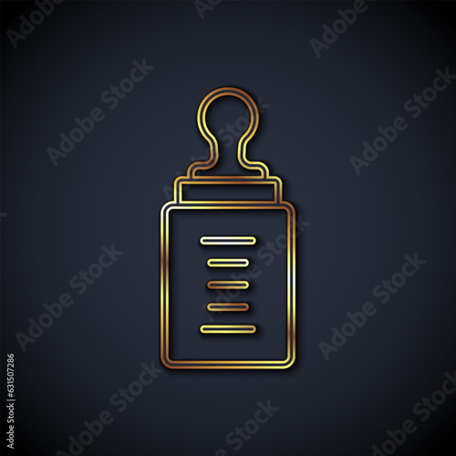 Gold line Baby bottle icon isolated on black background. Feeding bottle icon. Milk bottle sign. Vector