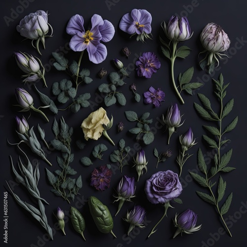 Flower composition. Beautiful dried flowers (roses, pansies, field dried flowers) on a dark background. photo