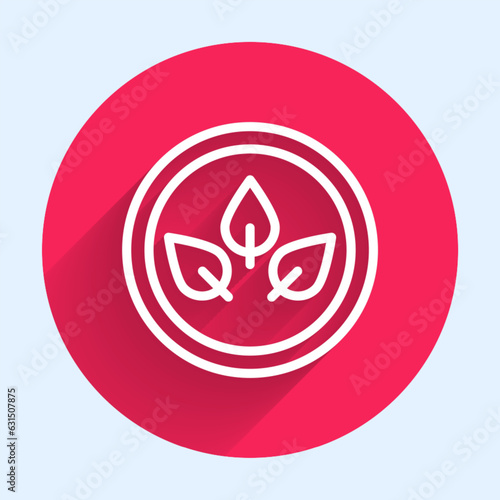White line Vegan food diet icon isolated with long shadow background. Organic, bio, eco symbol. Vegan, no meat, lactose free, healthy, fresh and nonviolent food. Red circle button. Vector