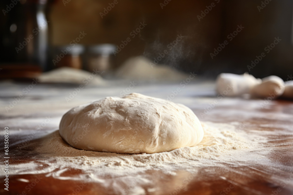 Ball of pizza dough and flour on wooden kitchen table Ball of pizza dough and flour on wooden kitchen table