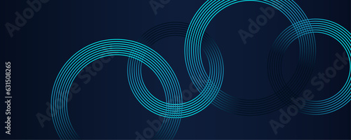 Abstract waving circles lines pattern round frame colorful blue green light on dark blue background. Modern art design in concept of AI technology, futuristic banner, business cover, digital header