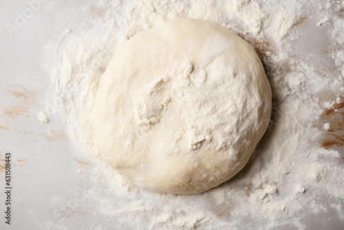 Raw round-shaped dough and flour on light background, top view