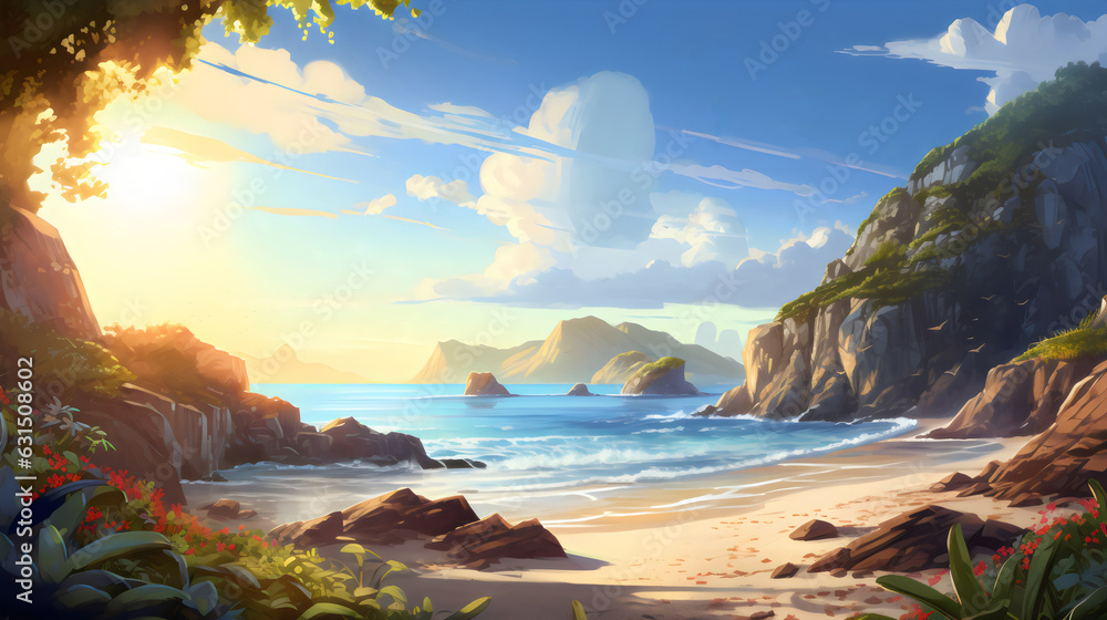 beach cove with rocky island and tree landscape game concept art style illustration
