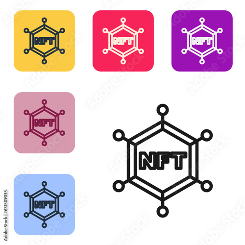 Black line NFT blockchain technology icon isolated on white background. Non fungible token. Digital crypto art concept. Set icons in color square buttons. Vector