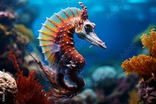 Fényképezés Seahorse Among Corals in the Sea. Generative AI