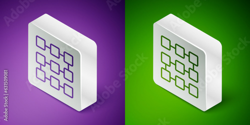 Isometric line NFT blockchain technology icon isolated on purple and green background. Non fungible token. Digital crypto art concept. Silver square button. Vector