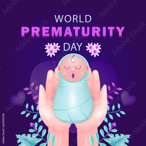 World Prematurity Day. Baby lying in his mother's hand with plant and flower ornaments. 3d illustration of a premature baby, suitable for events