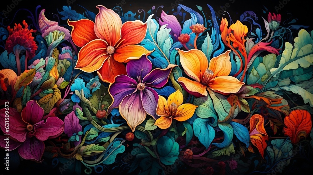 A psychedelic dreamscape of morphing flowers and plants in a vivid technicolor spectrum