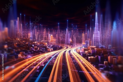 Smart digital city with high speed light trail of cars of digital data transfer. Generative AI