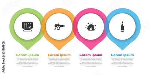 Set Military headquarters, Cannon, Bomb explosion and Bullet. Business infographic template. Vector