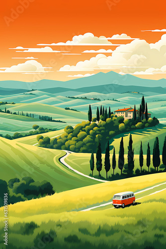 Illustration with a beautiful view of the hills of Tuscany, Italy