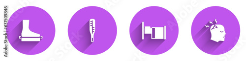 Set Flat foot, Medical thermometer, Hospital bed and Man having headache icon with long shadow. Vector