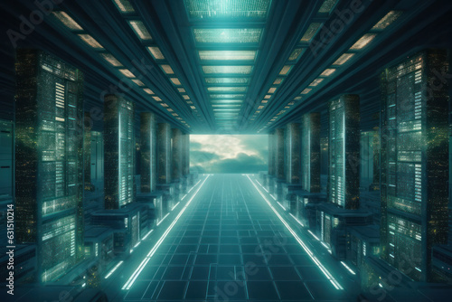 Data Center Server Room. Network Communication, Colorful Neon Server Racks, and Telecommunication Equipment, Optical fiber in a Cutting-Edge Technology Background. generative ai