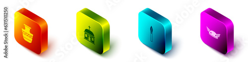 Set Isometric Ancient amphorae, Santorini building, Medieval spear and Helmet with wings icon. Vector