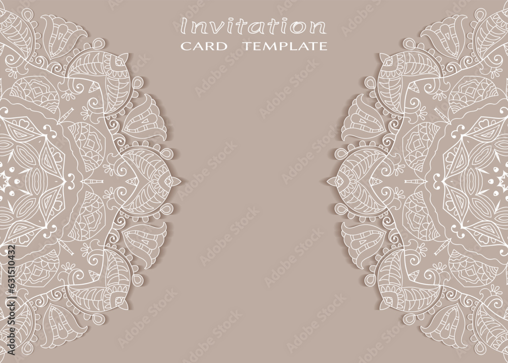 Invitation or Card template with lacе frame border, doodle line pattern, mandala element. Decorative openwork filigree art background for Wedding, Valentine's day greeting card, Birthday Invitation - obrazy, fototapety, plakaty 