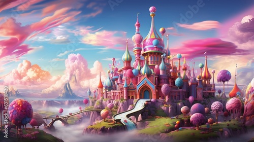 Vászonkép A whimsical technicolor dreamscape featuring floating islands made of confection