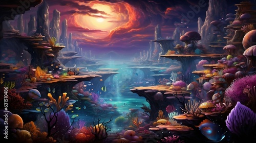 A whimsical underwater technicolor dreamscape, with colorful coral reefs and fantastical sea creatures © Tina
