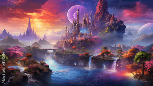 A fantastical rainbow island in a technicolor sky, with waterfalls cascading into a sea of vibrant colors