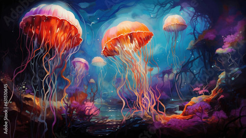 A fantastical underwater dreamscape with glowing jellyfish, luminescent seahorses, and vibrant coral reefs in technicolor brilliance sea